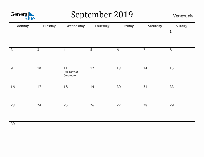 September 2019 Calendar Venezuela