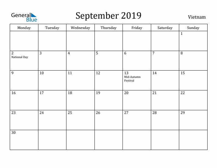 September 2019 Calendar Vietnam