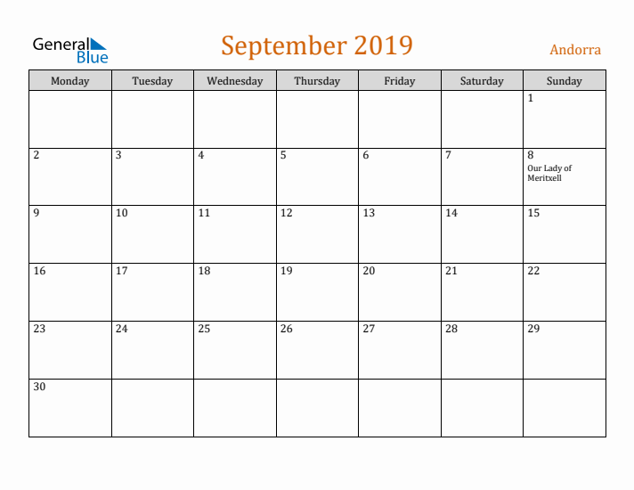 September 2019 Holiday Calendar with Monday Start