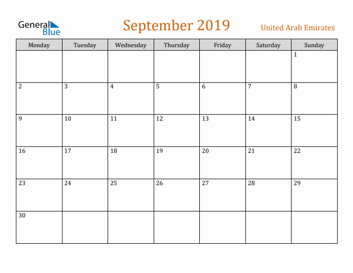 September 2019 Holiday Calendar with Monday Start