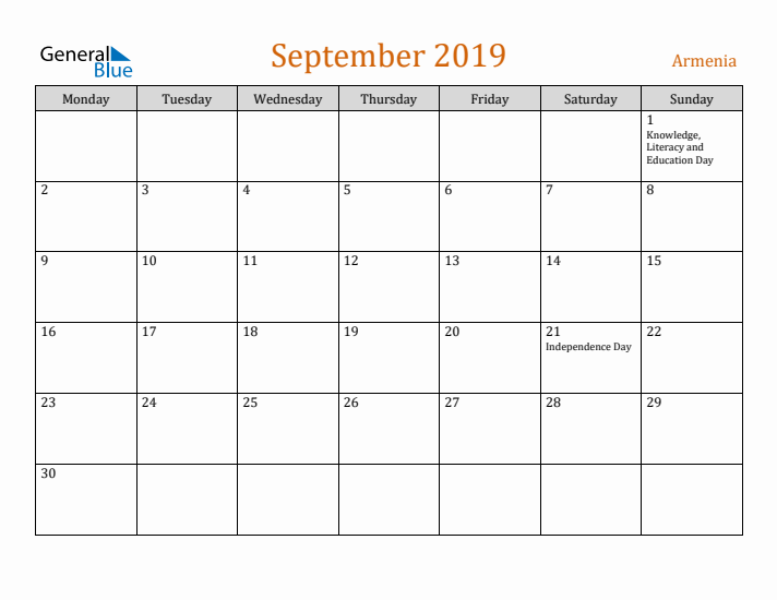 September 2019 Holiday Calendar with Monday Start