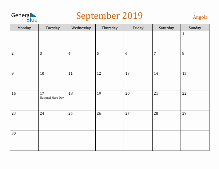 September 2019 Holiday Calendar with Monday Start