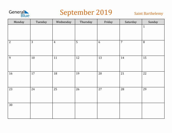 September 2019 Holiday Calendar with Monday Start