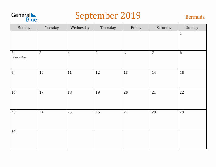 September 2019 Holiday Calendar with Monday Start