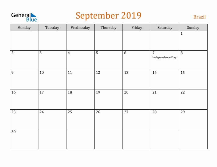 September 2019 Holiday Calendar with Monday Start