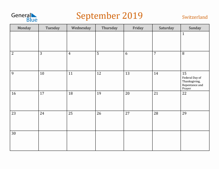 September 2019 Holiday Calendar with Monday Start