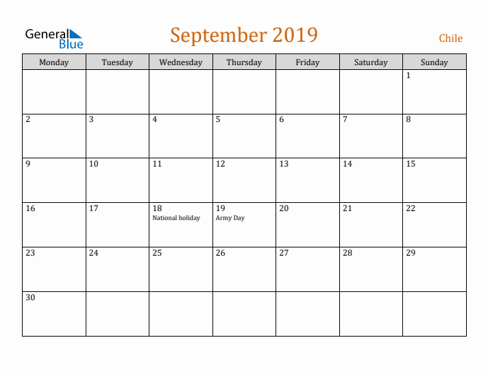 September 2019 Holiday Calendar with Monday Start