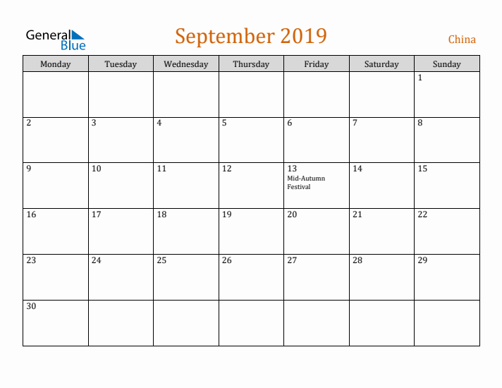 September 2019 Holiday Calendar with Monday Start