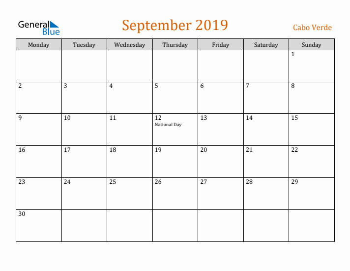 September 2019 Holiday Calendar with Monday Start