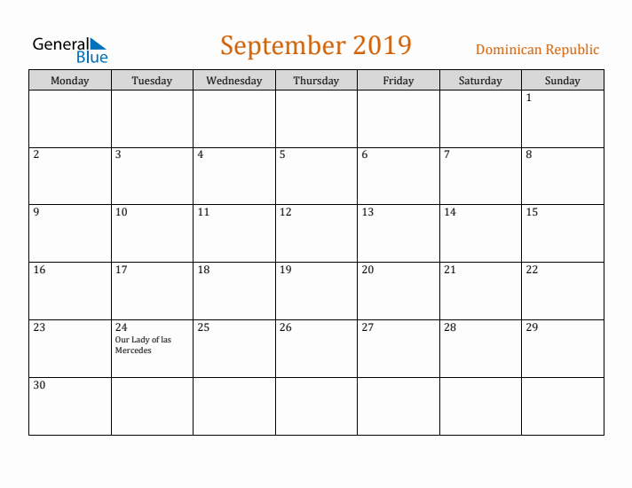 September 2019 Holiday Calendar with Monday Start