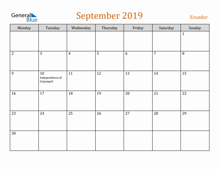 September 2019 Holiday Calendar with Monday Start