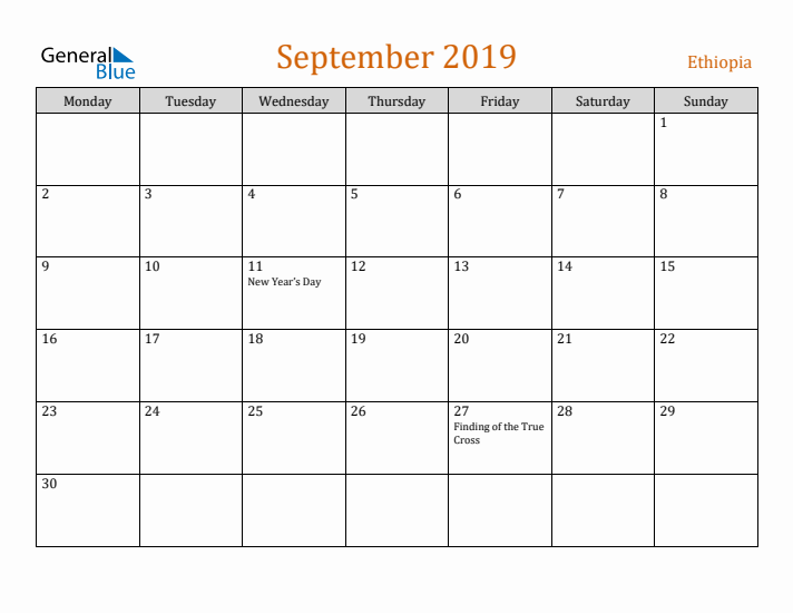 September 2019 Holiday Calendar with Monday Start