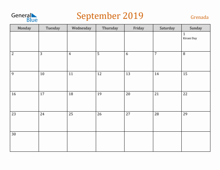 September 2019 Holiday Calendar with Monday Start