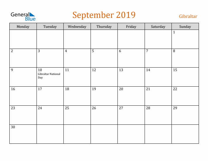 September 2019 Holiday Calendar with Monday Start