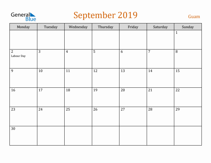 September 2019 Holiday Calendar with Monday Start