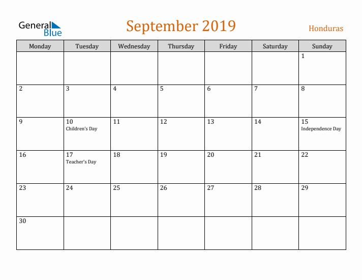 September 2019 Holiday Calendar with Monday Start