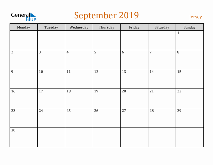 September 2019 Holiday Calendar with Monday Start