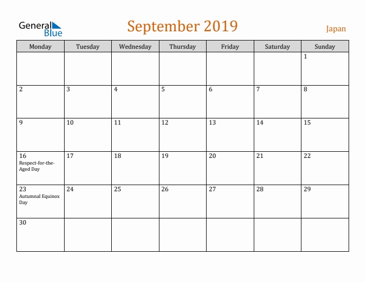 September 2019 Holiday Calendar with Monday Start