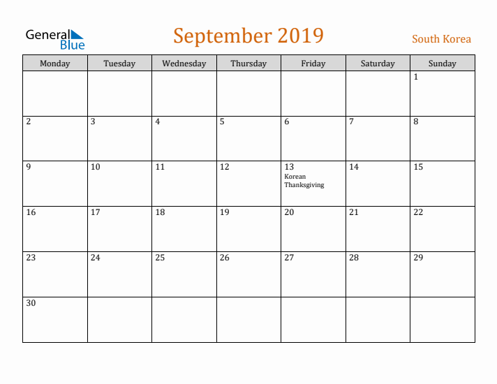 September 2019 Holiday Calendar with Monday Start