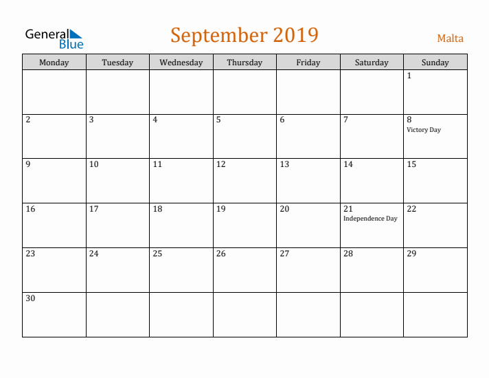 September 2019 Holiday Calendar with Monday Start