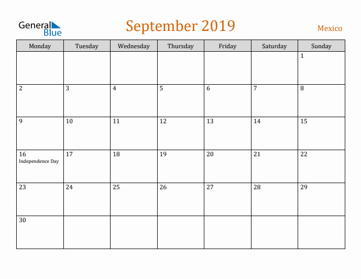 September 2019 Holiday Calendar with Monday Start