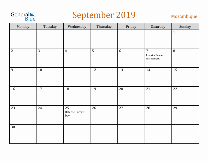 September 2019 Holiday Calendar with Monday Start