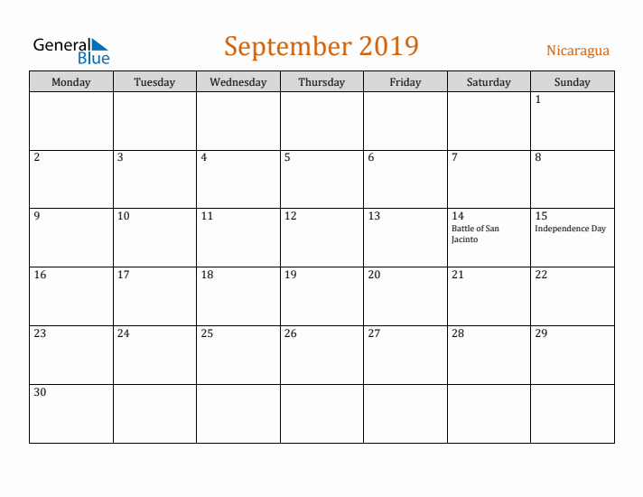 September 2019 Holiday Calendar with Monday Start