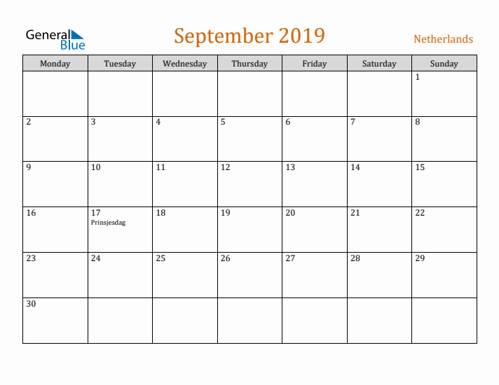 September 2019 Holiday Calendar with Monday Start