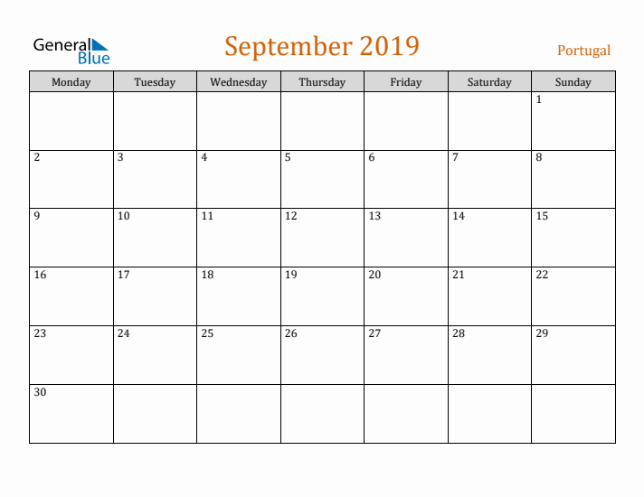 September 2019 Holiday Calendar with Monday Start