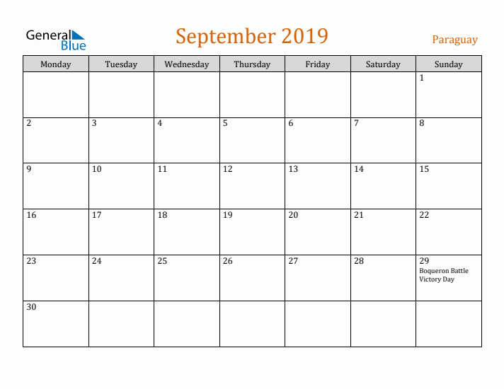 September 2019 Holiday Calendar with Monday Start