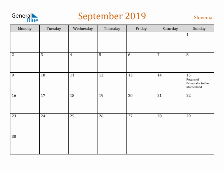 September 2019 Holiday Calendar with Monday Start