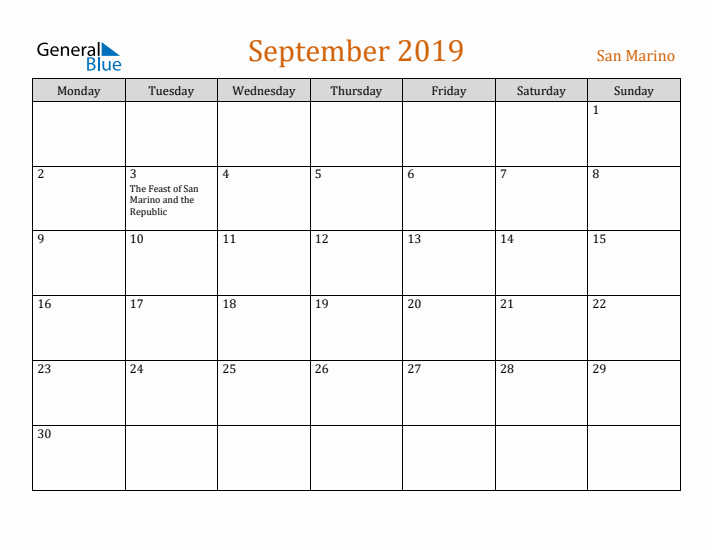 September 2019 Holiday Calendar with Monday Start