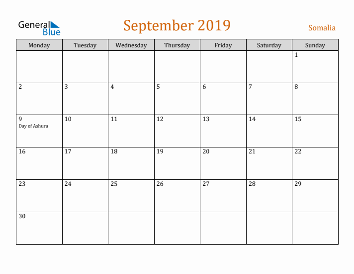 September 2019 Holiday Calendar with Monday Start