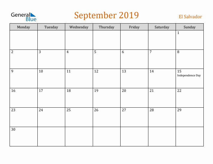 September 2019 Holiday Calendar with Monday Start