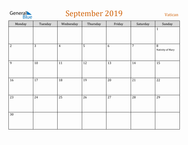 September 2019 Holiday Calendar with Monday Start