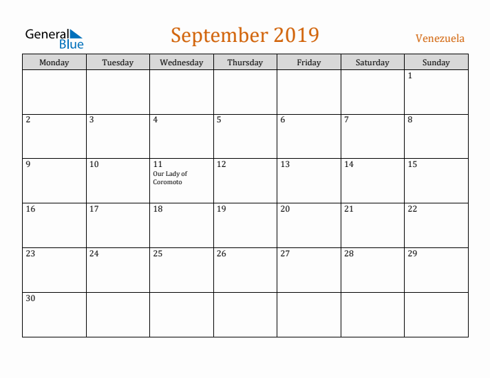 September 2019 Holiday Calendar with Monday Start