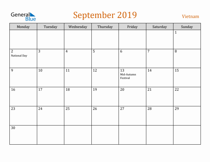 September 2019 Holiday Calendar with Monday Start