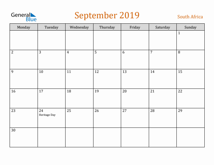 September 2019 Holiday Calendar with Monday Start