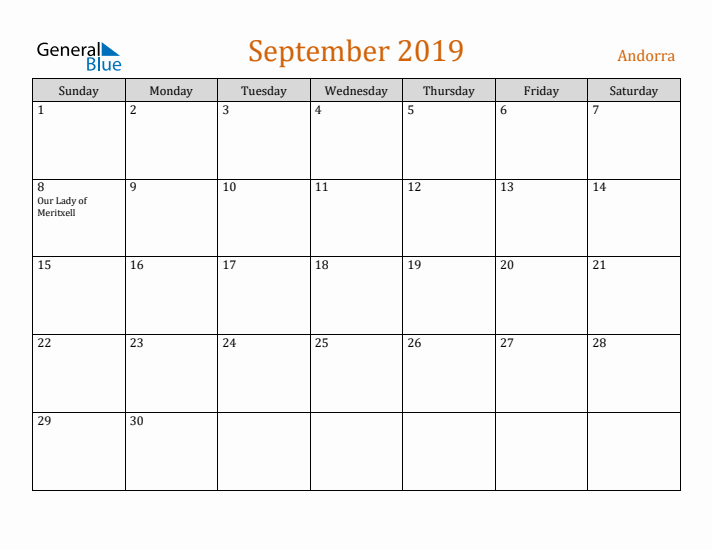 September 2019 Holiday Calendar with Sunday Start