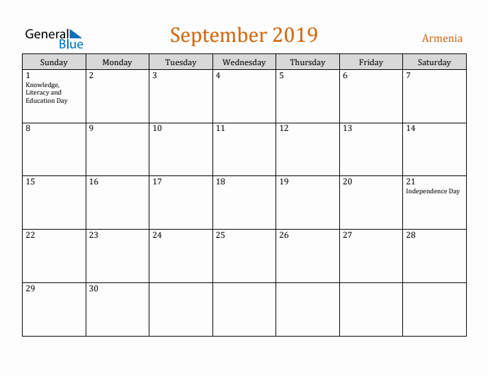 September 2019 Holiday Calendar with Sunday Start