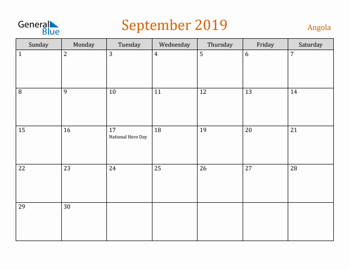 September 2019 Holiday Calendar with Sunday Start