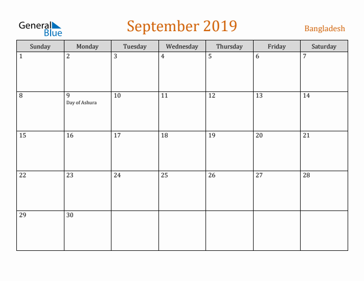 September 2019 Holiday Calendar with Sunday Start