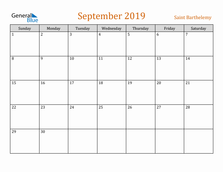 September 2019 Holiday Calendar with Sunday Start