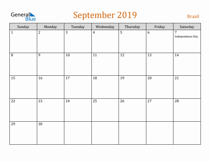 September 2019 Holiday Calendar with Sunday Start