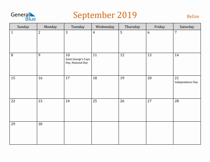 September 2019 Holiday Calendar with Sunday Start