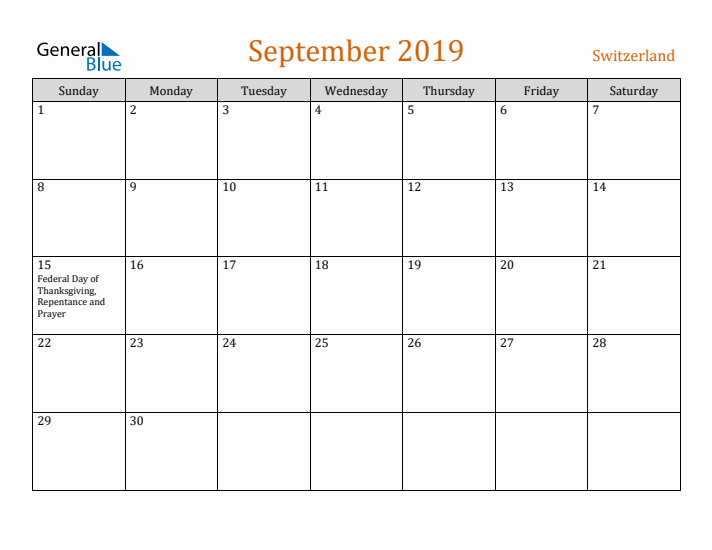 September 2019 Holiday Calendar with Sunday Start