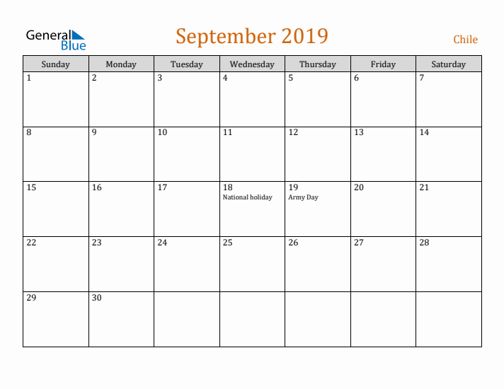 September 2019 Holiday Calendar with Sunday Start