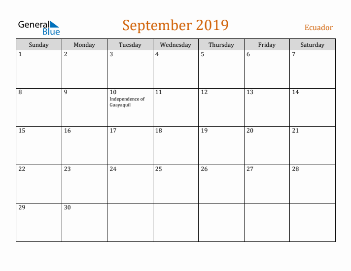 September 2019 Holiday Calendar with Sunday Start