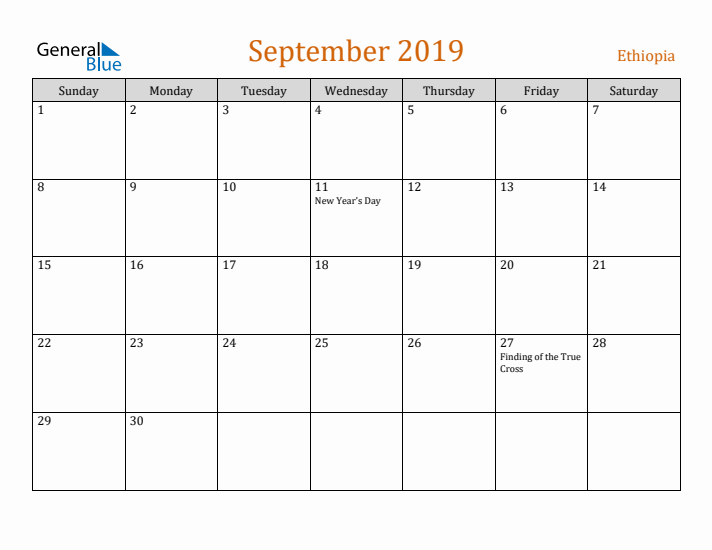 September 2019 Holiday Calendar with Sunday Start