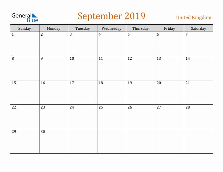 September 2019 Holiday Calendar with Sunday Start